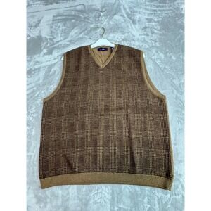 J Ashford Mens Plaid V Neck Sweater Vest Pure New Wool Merino XL Brown